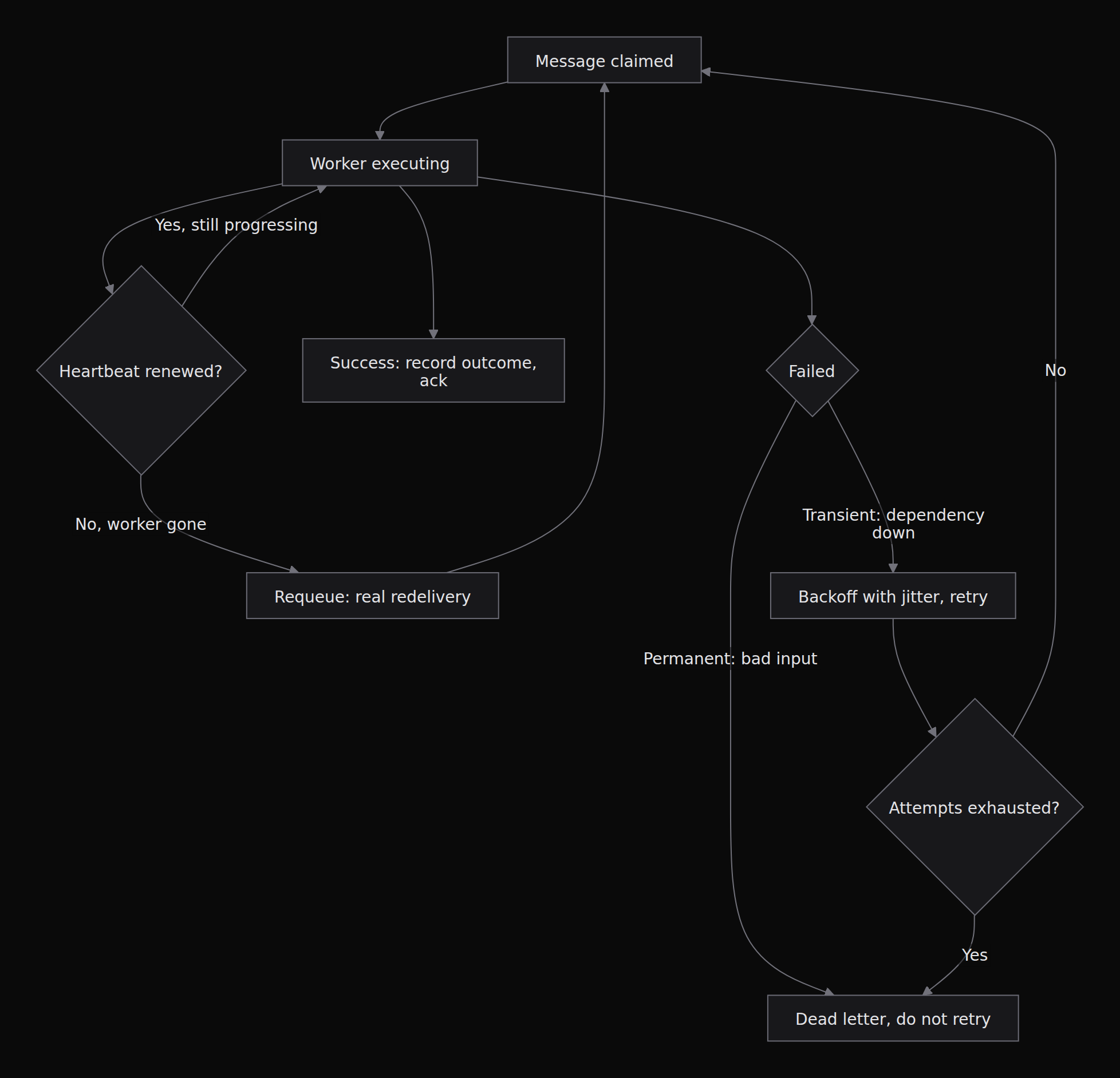 Worker lifecycle for long running work. The two shaded outcomes are the ones the defaults conflate: a worker that is still making progress and a worker that has died look identical to a queue, and only an application level heartbeat tells them apart.